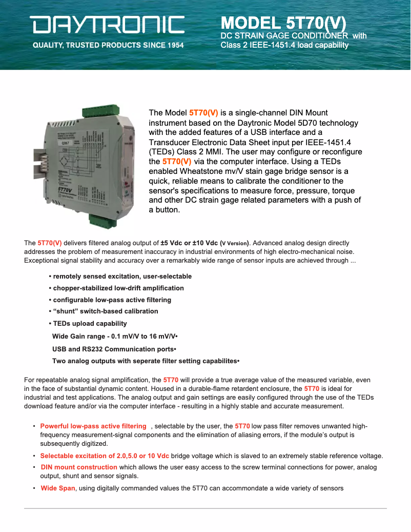 Page 1 de la notice Fiche technique Daytronic 5T70V