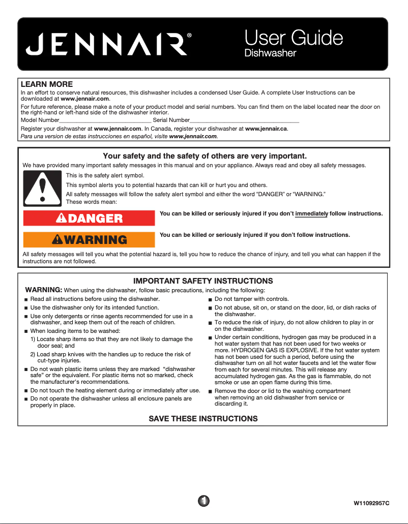 Page n°1 - Manuel utilisateur JennAir JDTSS246GS