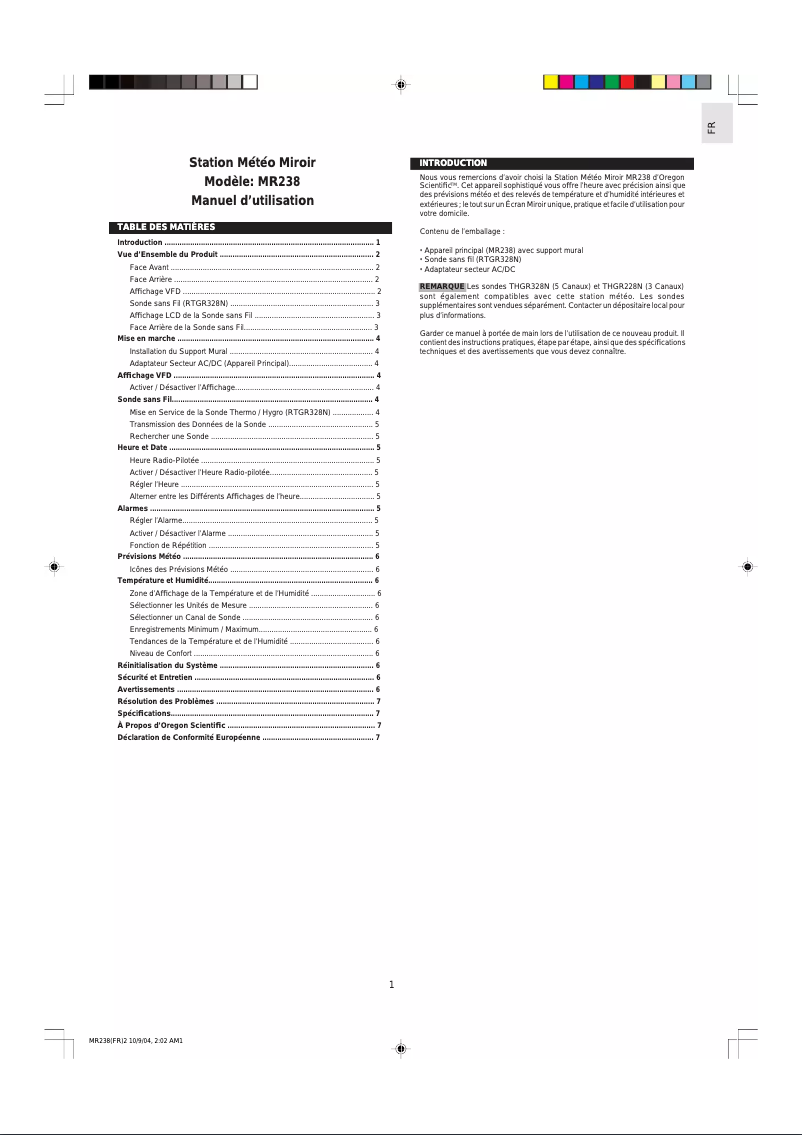 Page 1 de la notice Manuel utilisateur Oregon Scientific MR238