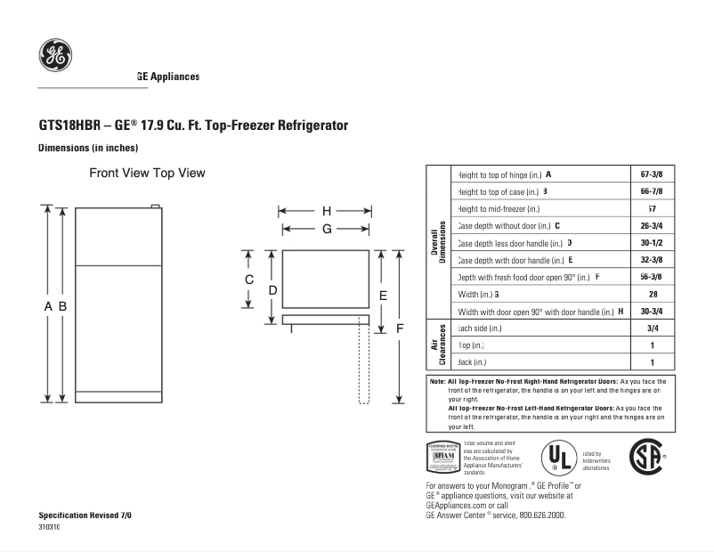 Page 1 de la notice Fiche technique GE GTS18HBRCC