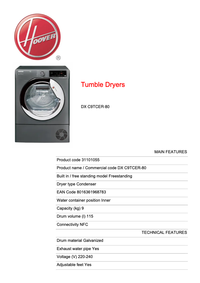 Page n°1 - Fiche technique Hoover DX C9TCER-80