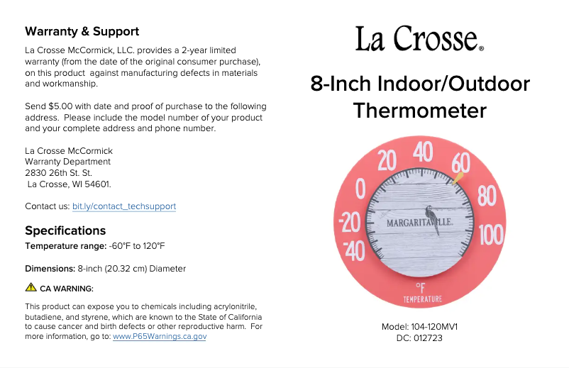 Page 1 de la notice Manuel utilisateur La Crosse Technology 104-120MV1