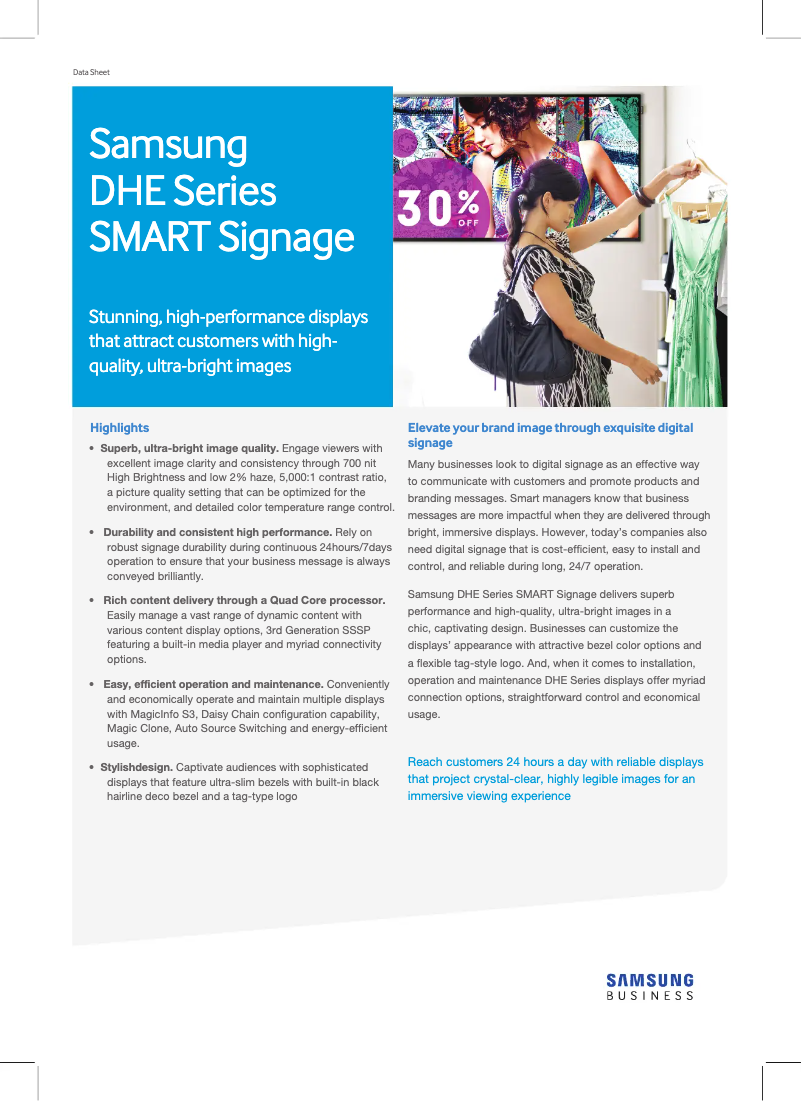 Page 1 de la notice Fiche technique Samsung SMART Signage DH48E