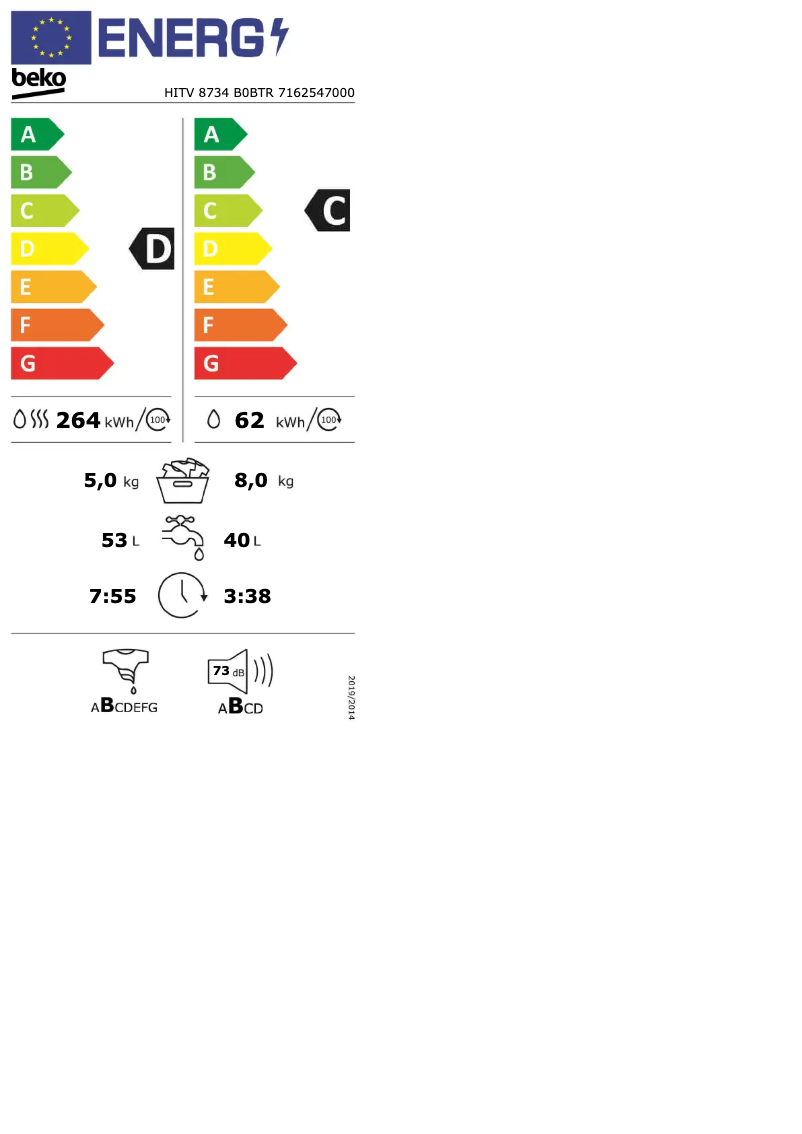 Page 1 de la notice Label énergétique Beko HITV 8734 B0BTR
