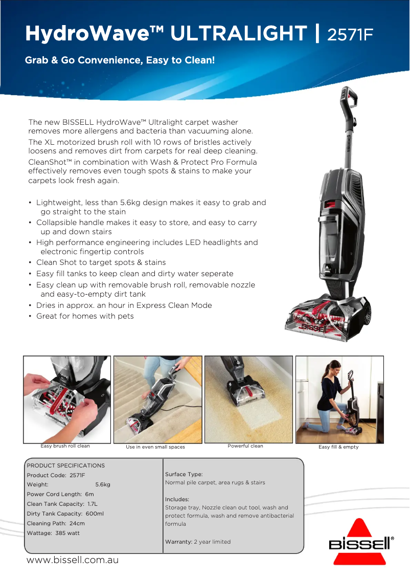 Page 1 de la notice Fiche technique Bissell HydroWave Ultralight 2571F