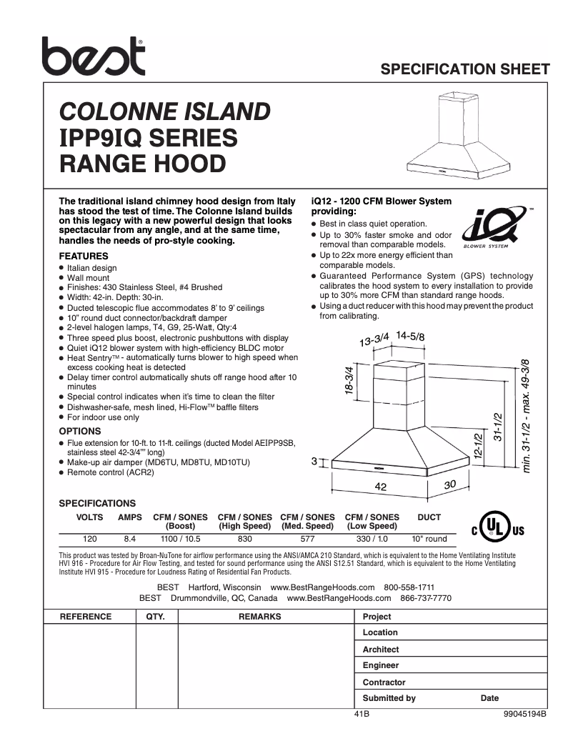 Page n°1 - Fiche technique Best Colonne Island IPP9IQT42SB