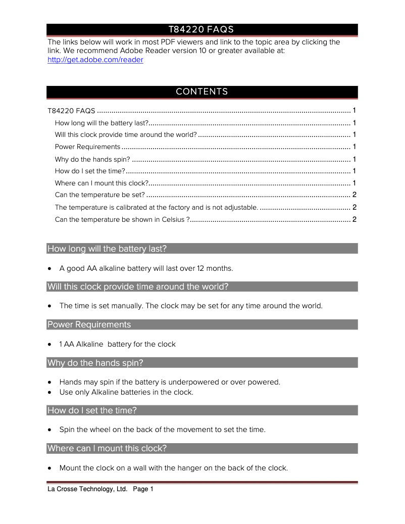 Page n°1 - FAQ La Crosse Technology T84220