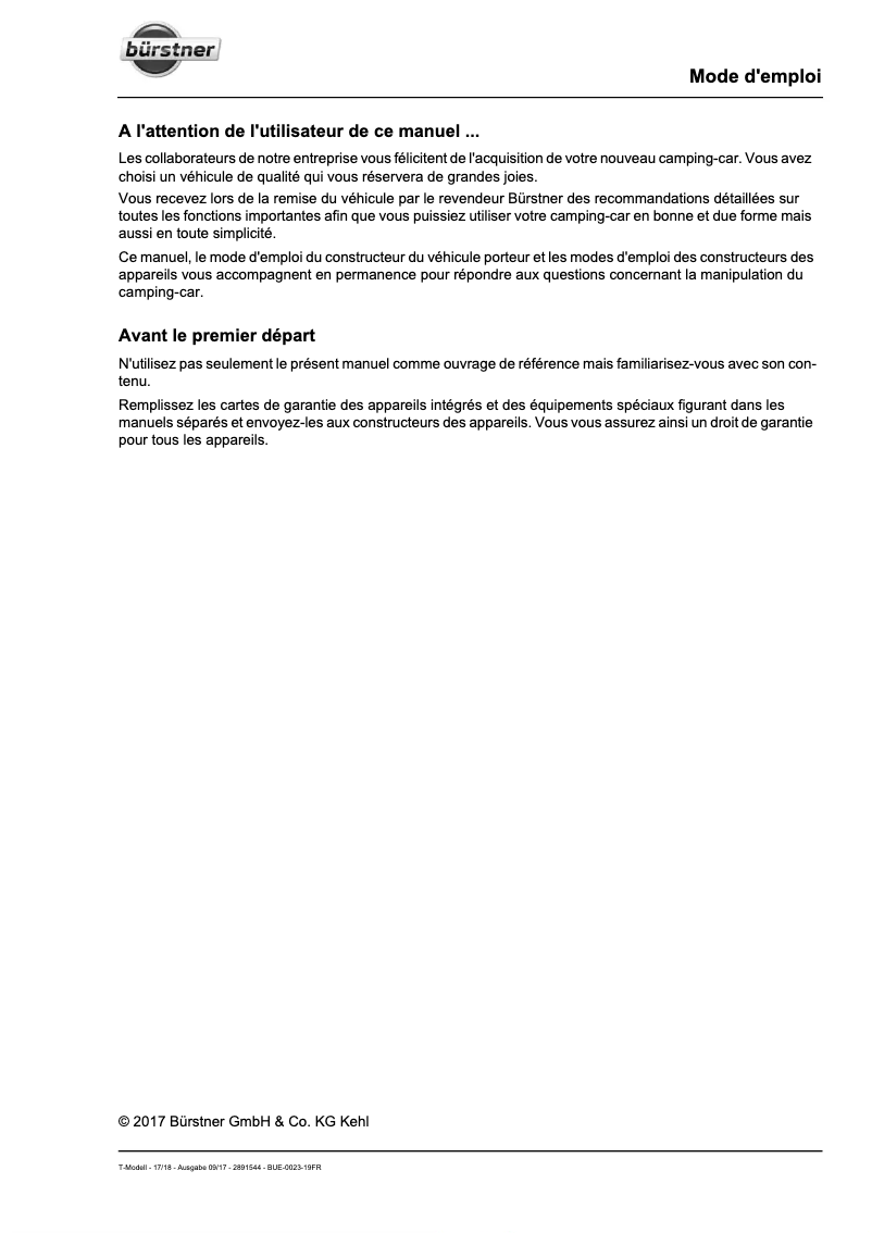 Page n°1 - Manuel utilisateur Bürstner Lyseo Time I (2018)
