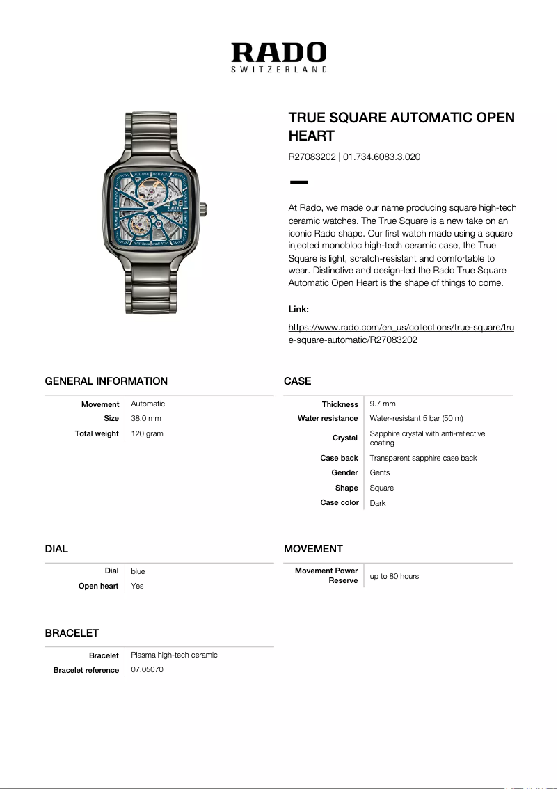 Page n°1 - Fiche technique Rado True Square R27083202