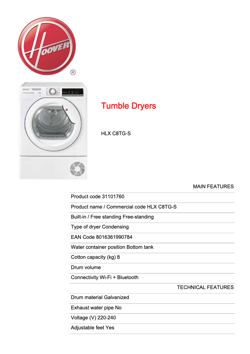 Page 1 de la notice Fiche technique Hoover HLX C8TG-S