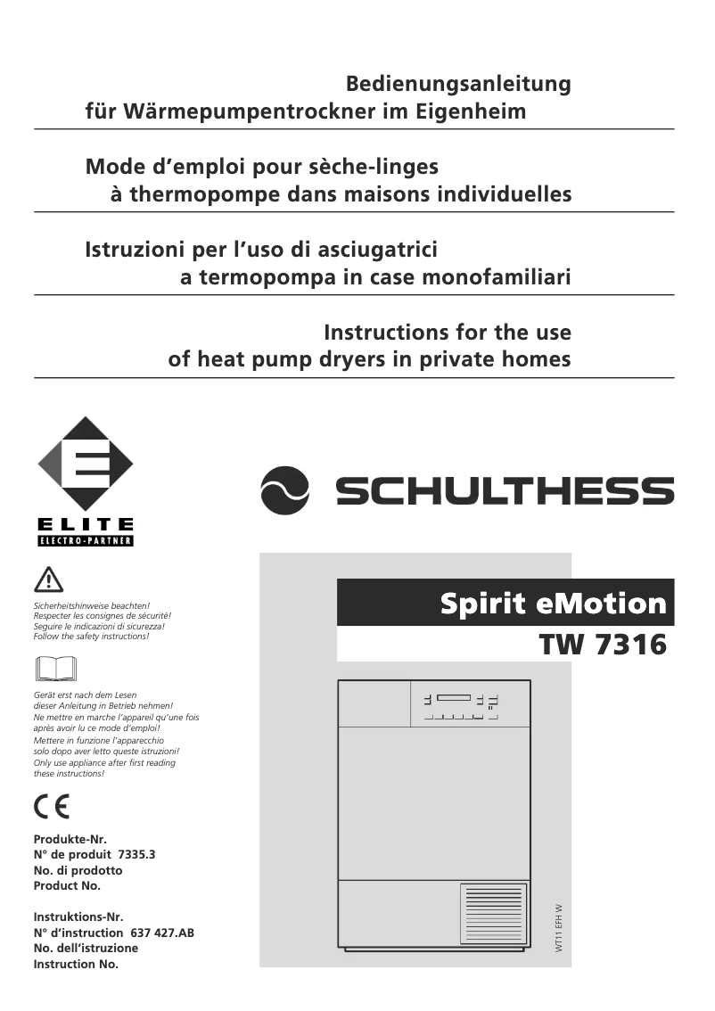 Page n°1 - Manuel utilisateur Schulthess Spirit eMotion TW 7316