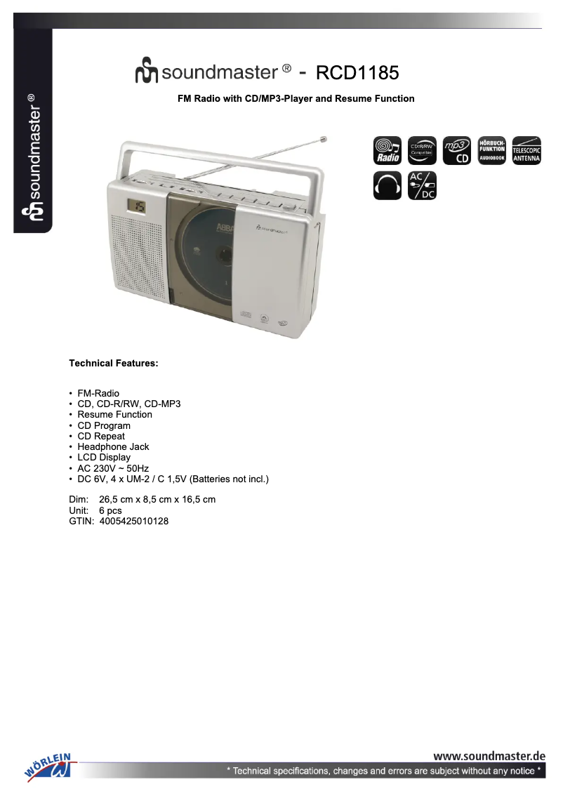 Page 1 de la notice Fiche technique Soundmaster RCD1185