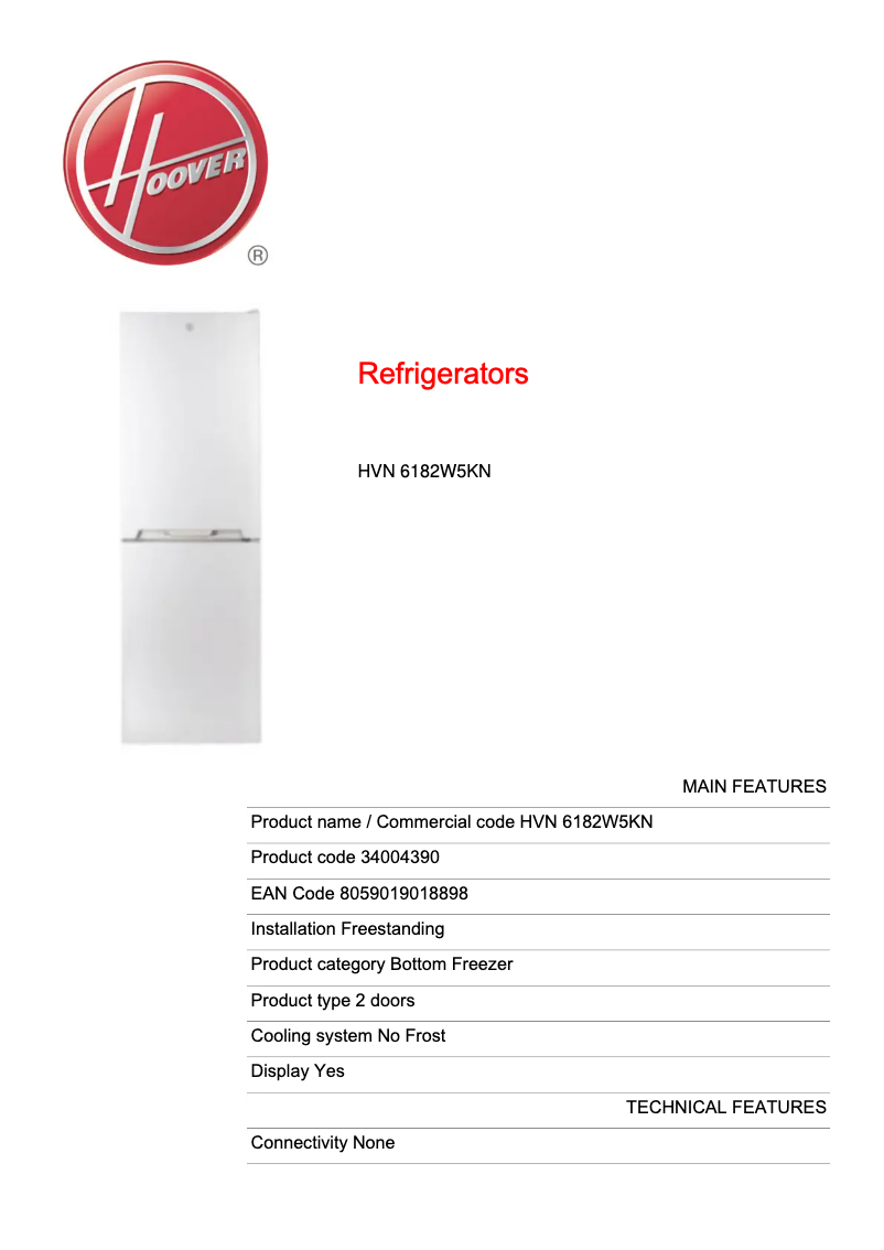 Page n°1 - Fiche technique Hoover HVN 6182W5KN
