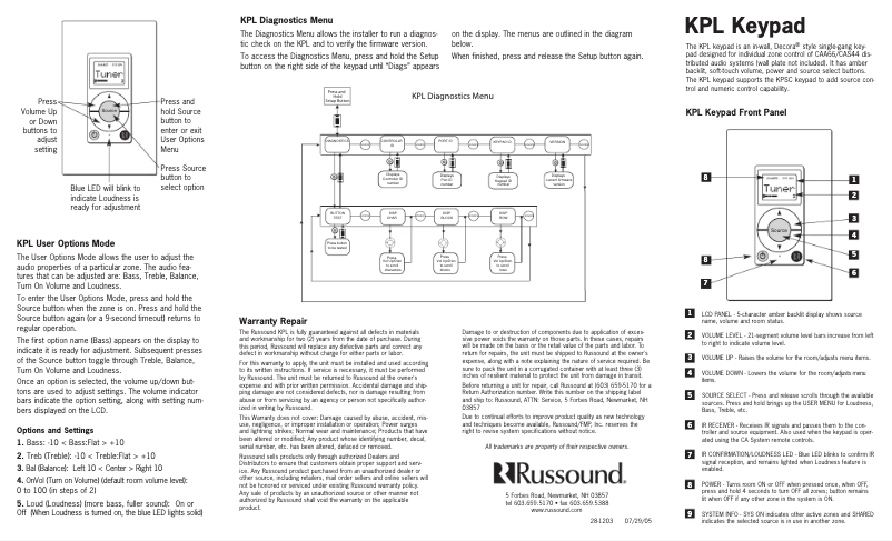 Image de la première page du manuel de l'appareil KPL Keypad