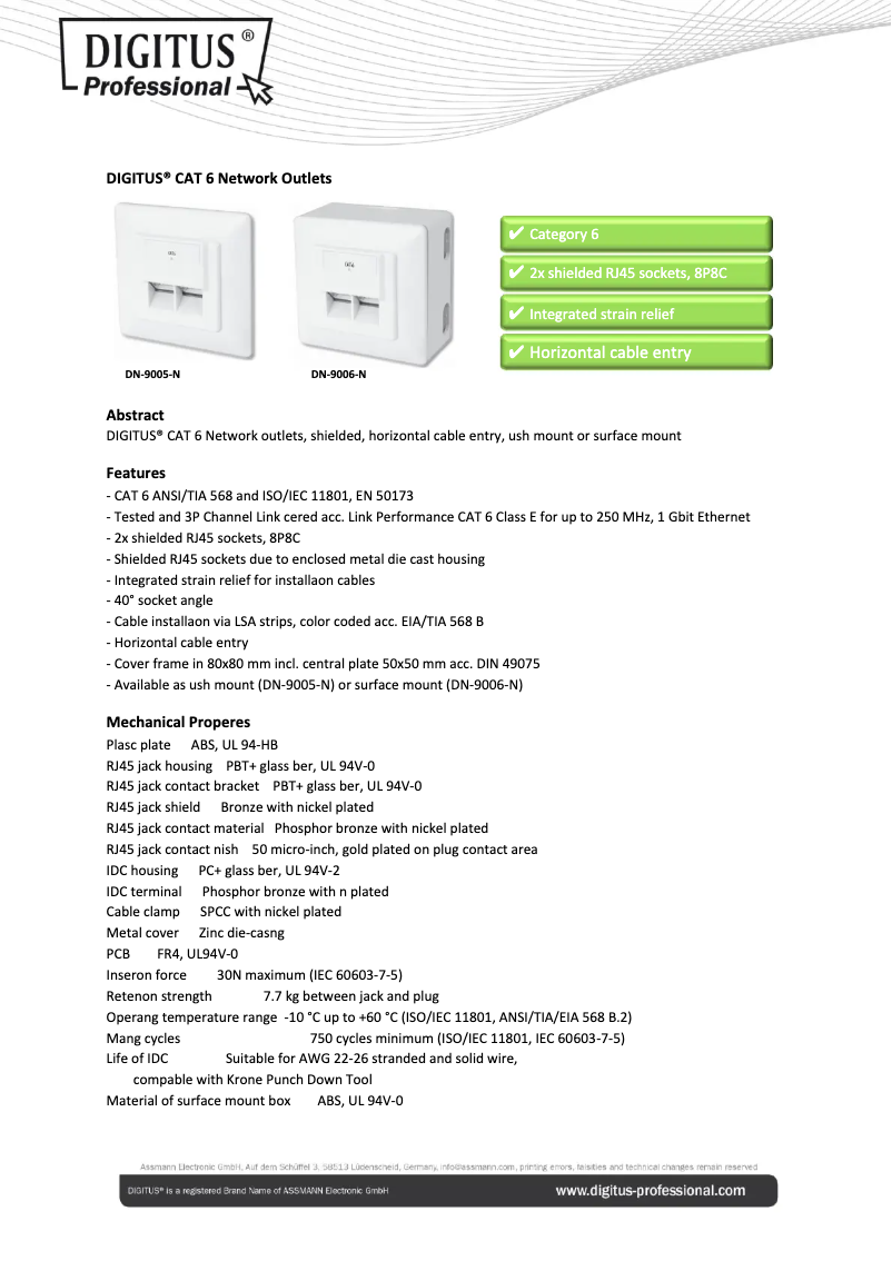 Page 1 de la notice Fiche technique Digitus CAT 6 2
