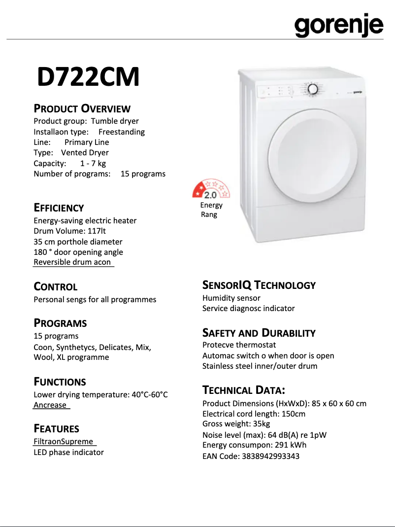Page 1 de la notice Fiche technique Gorenje D722CM