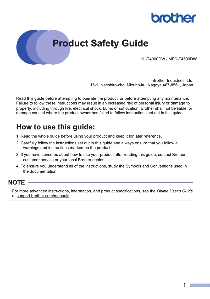 Page 1 de la notice Instructions de sécurité Brother MFC-T4500DW