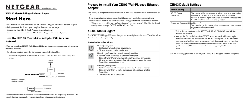 Page 1 de la notice Guide d'installation Netgear XE103
