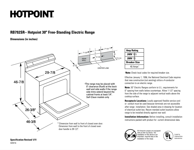 Página 1 del manual Ficha técnica Hotpoint RB792SRSA