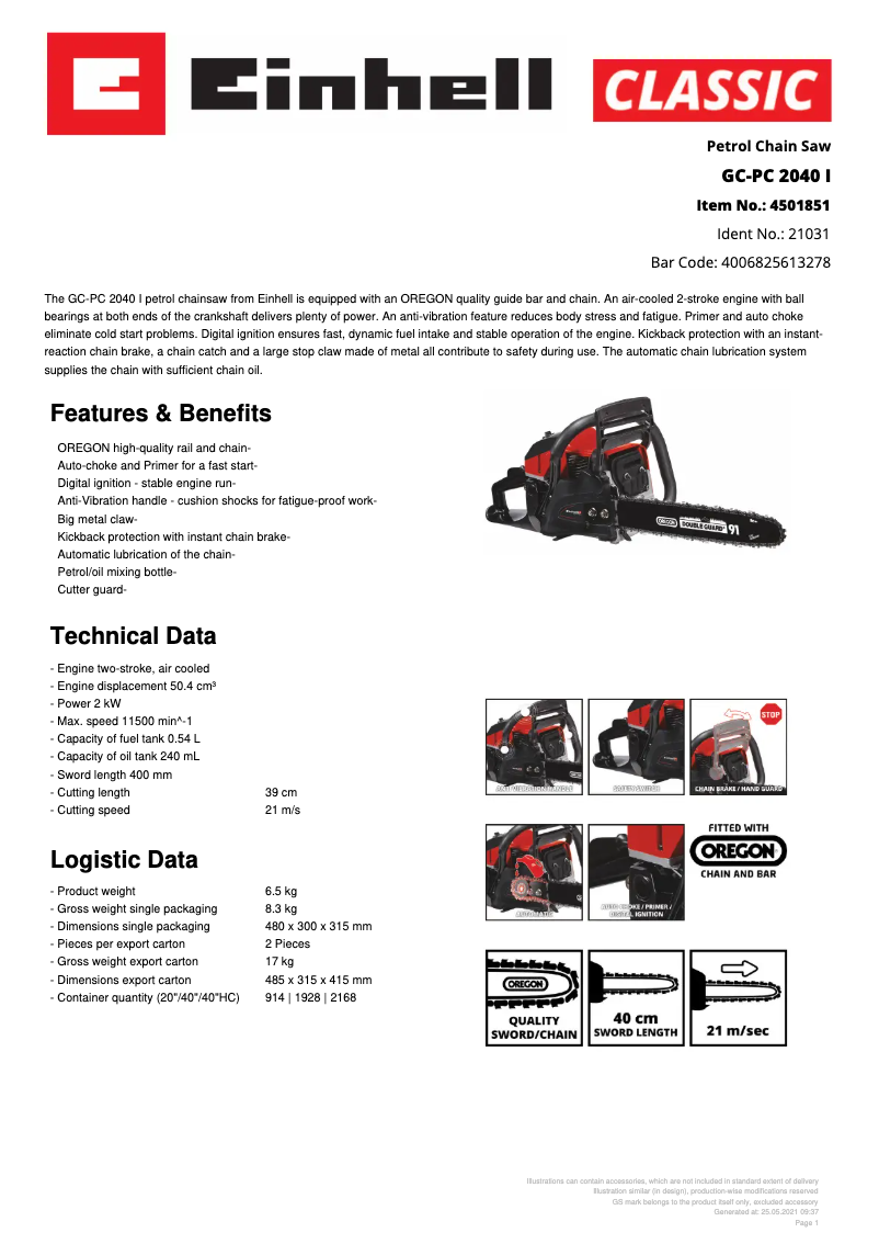 Page 1 de la notice Fiche technique Einhell GC-PC 2040 I