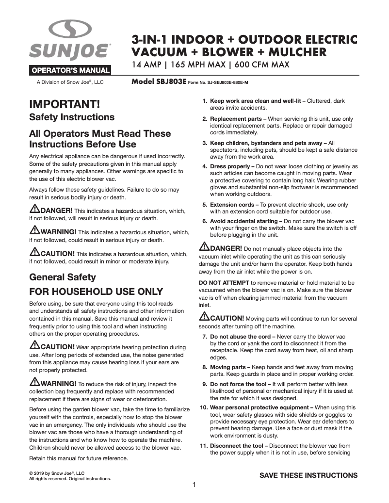 Page 1 de la notice Manuel utilisateur Sun Joe SBJ803E