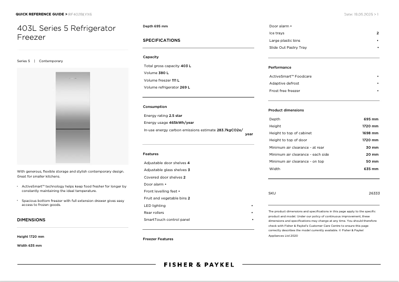 Page 1 de la notice Manuel utilisateur Fisher & Paykel RF402BLYX6