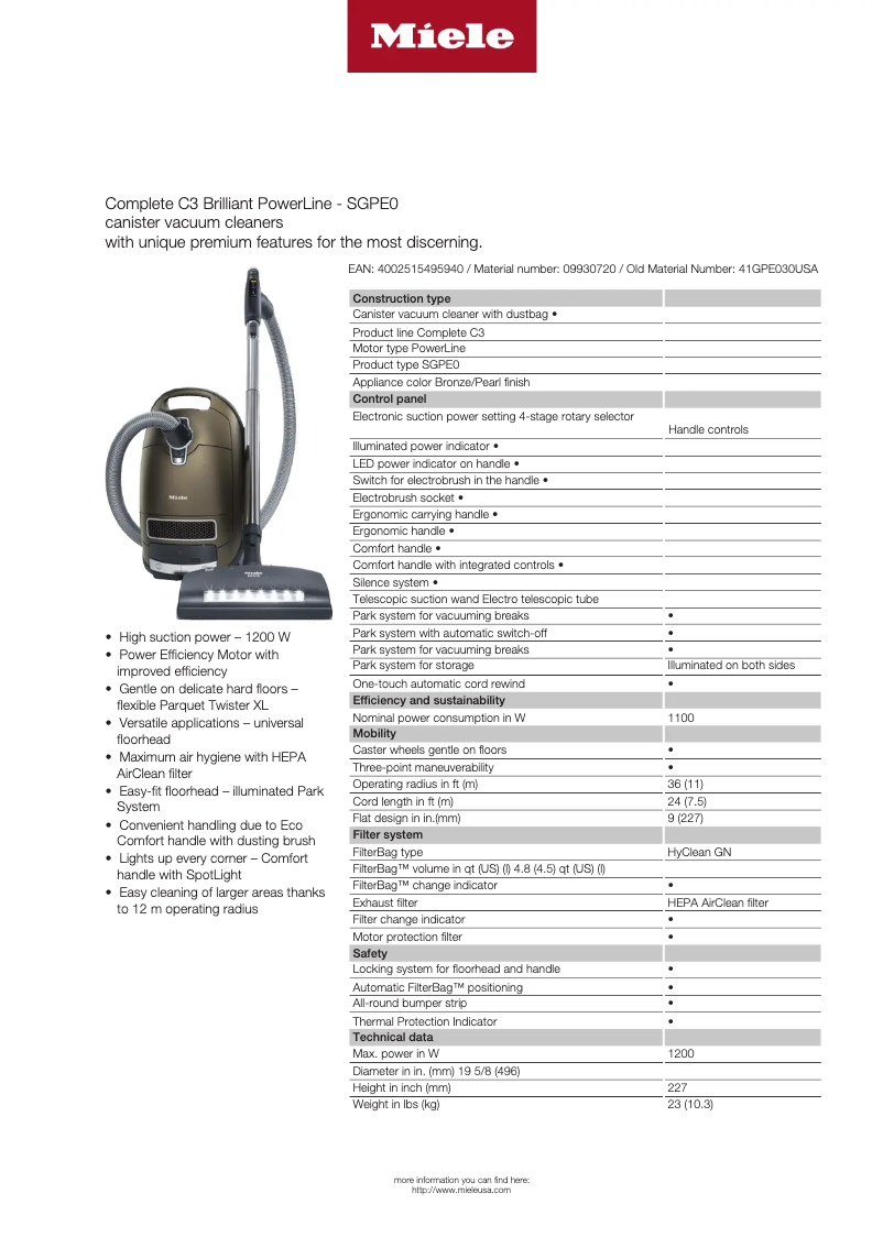 Page 1 de la notice Fiche technique Miele Complete C3 Brilliant
