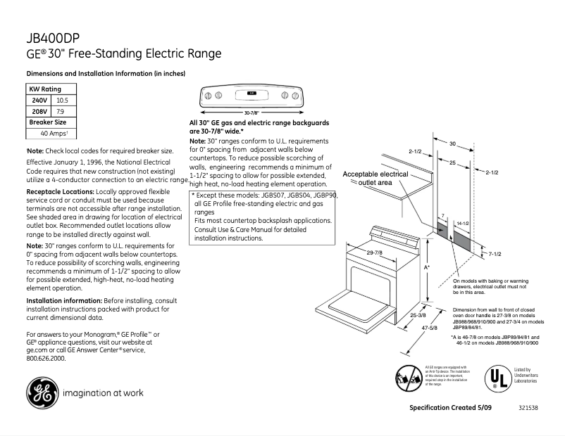 Page 1 de la notice Fiche technique GE JB400DPBB