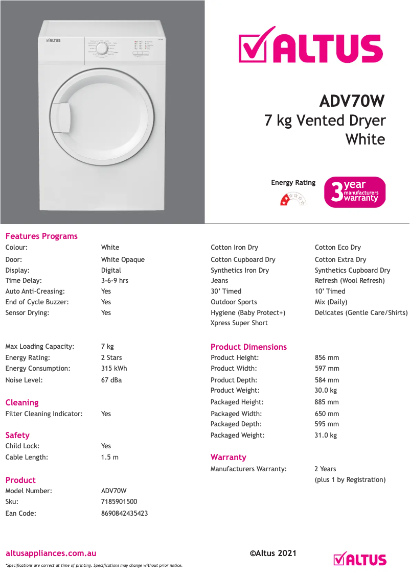 Page n°1 - Fiche technique Altus ADV70W