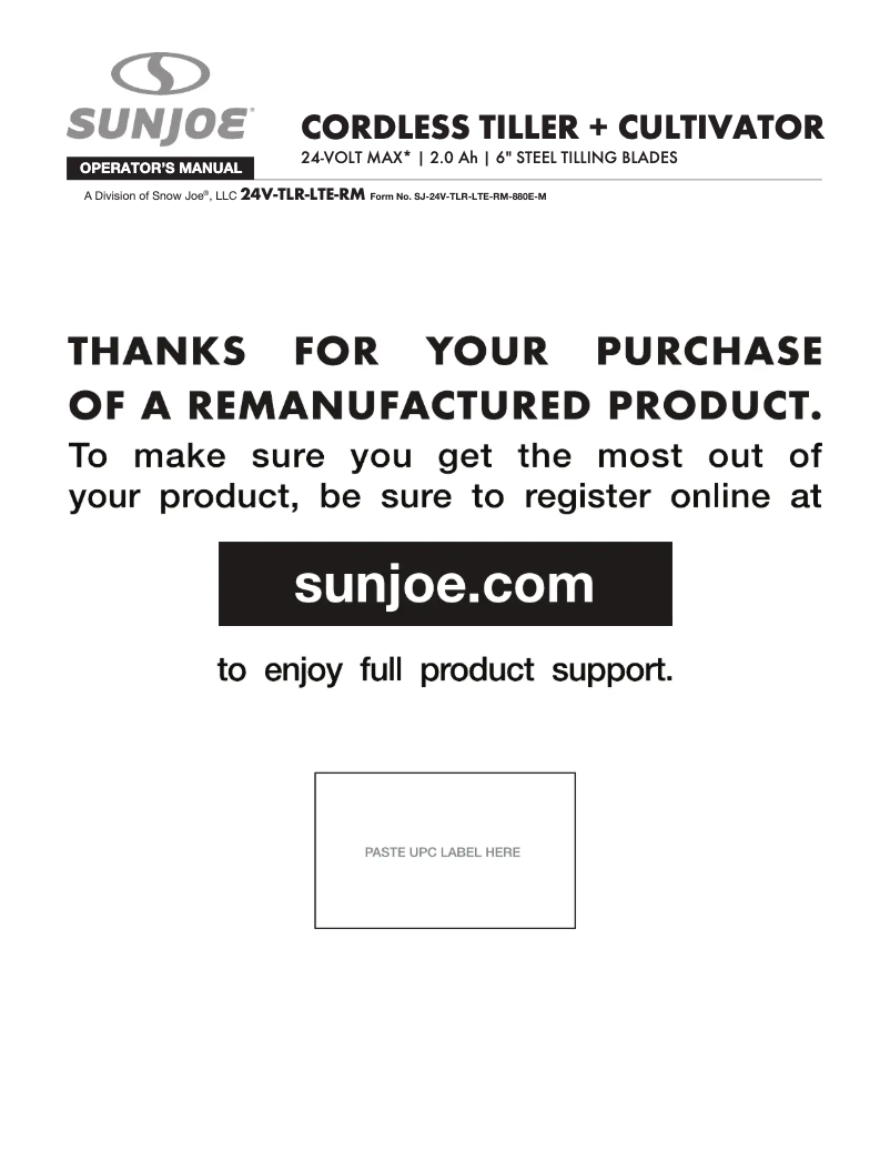 Page n°1 - Manuel utilisateur Sun Joe 24V-TLR-LTE-RED-RM