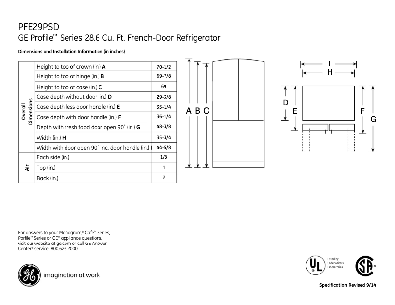 Page n°1 - Fiche technique GE Profile PFE29PSDSS