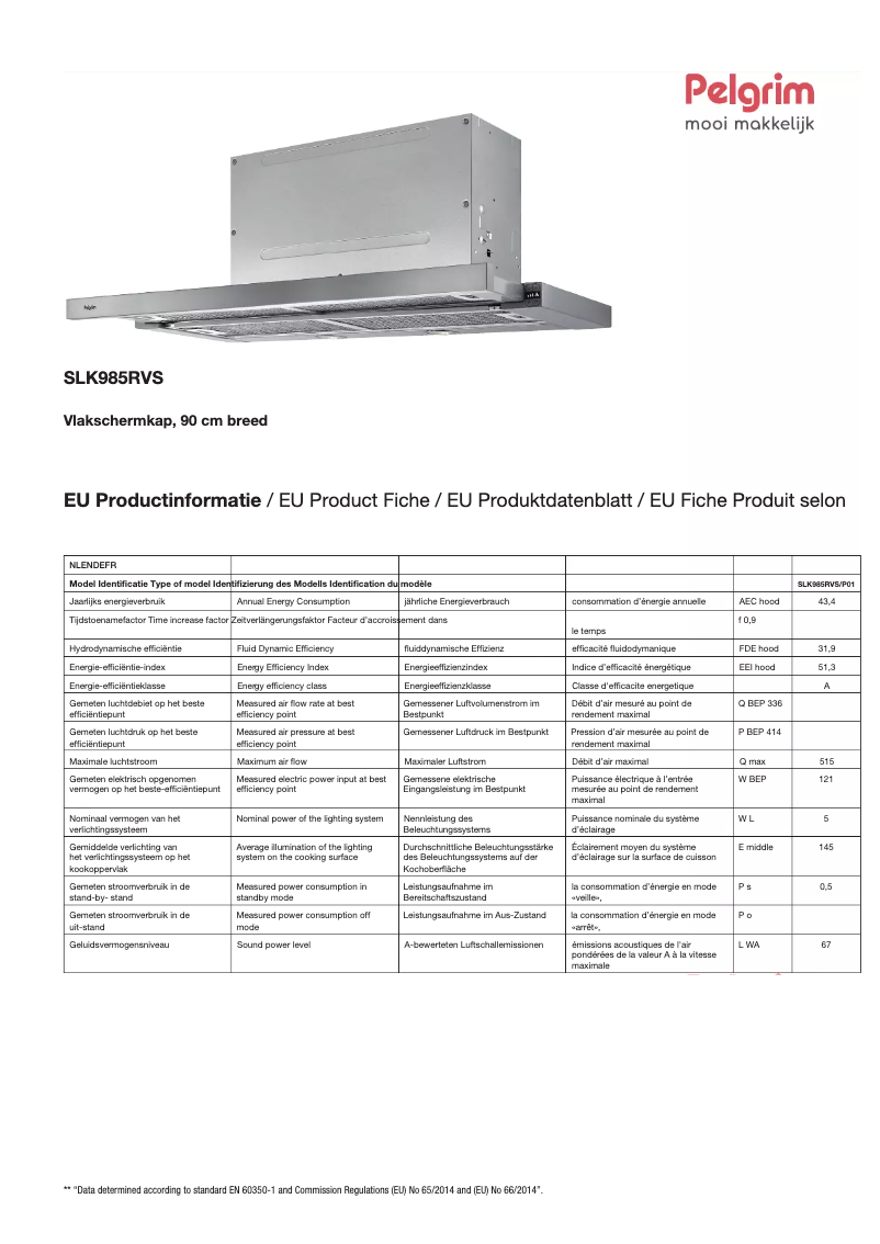 Page 1 de la notice Fiche technique Pelgrim SLK985RVS