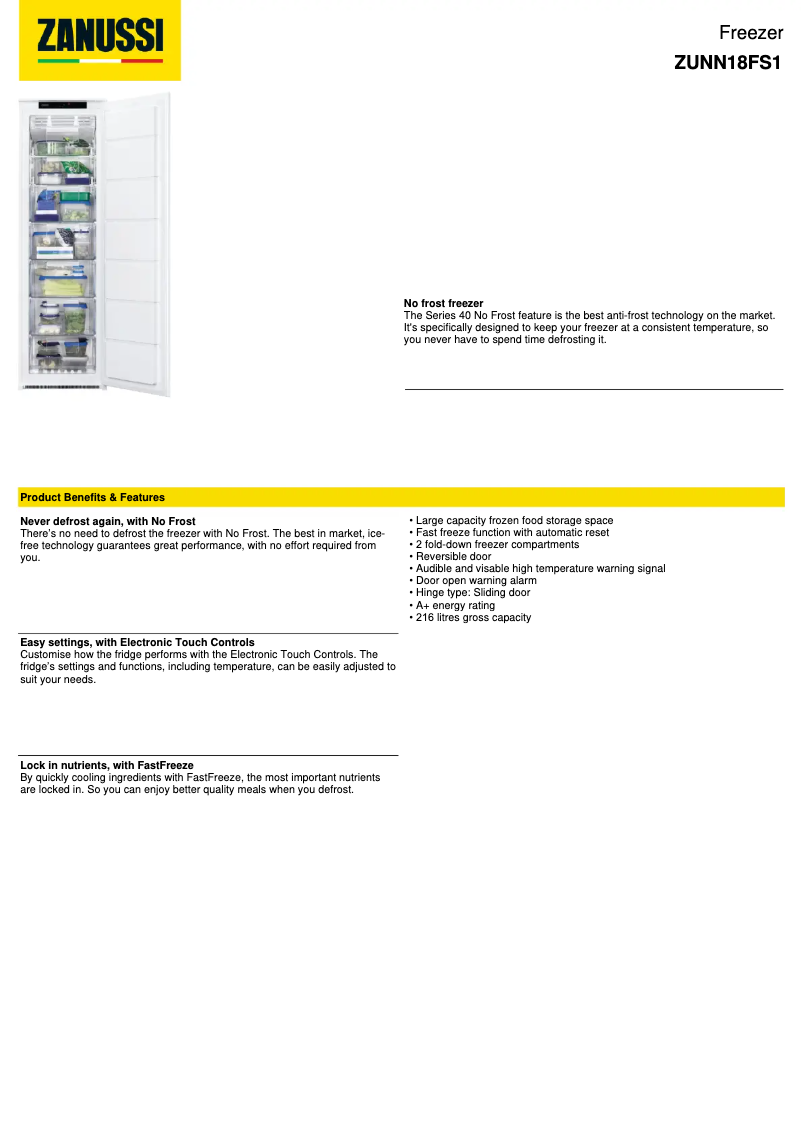 Page n°1 - Fiche technique Zanussi ZUNN18FS1