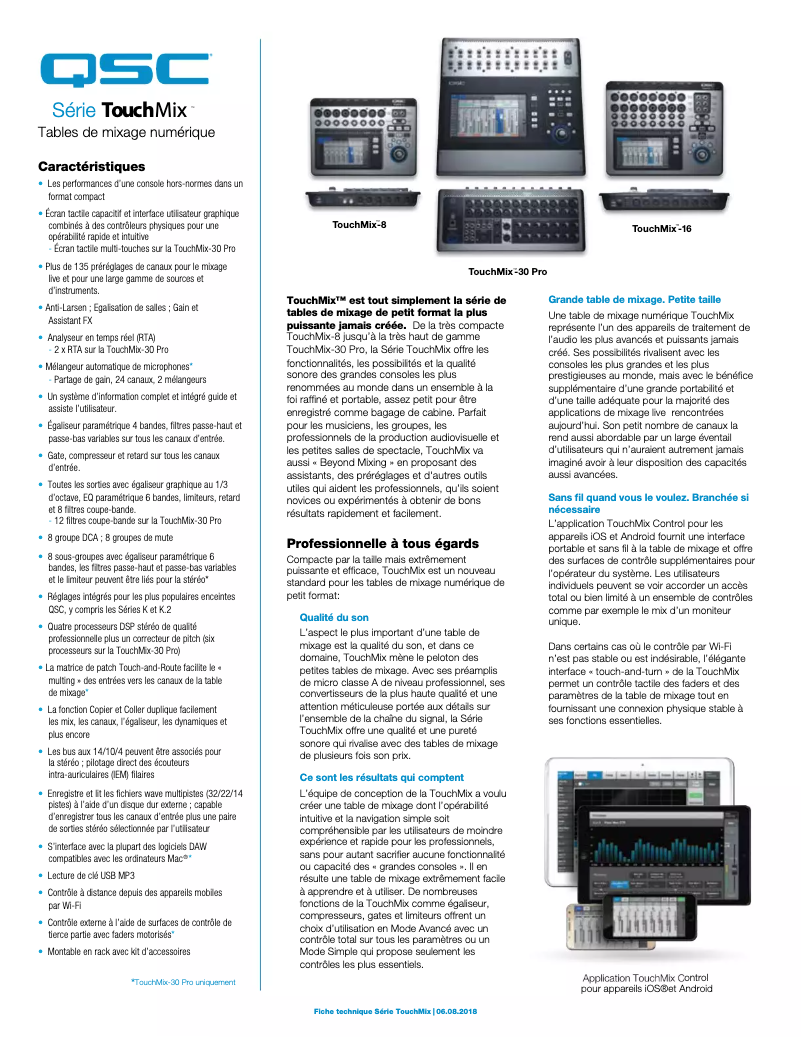 Page 1 de la notice Fiche technique QSC TouchMix-30 Pro