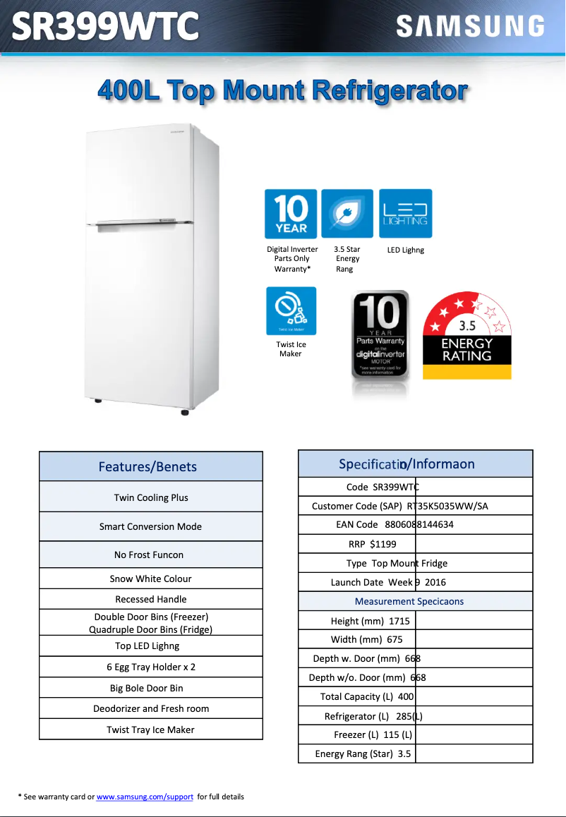 Page 1 de la notice Fiche technique Samsung SR399WTC