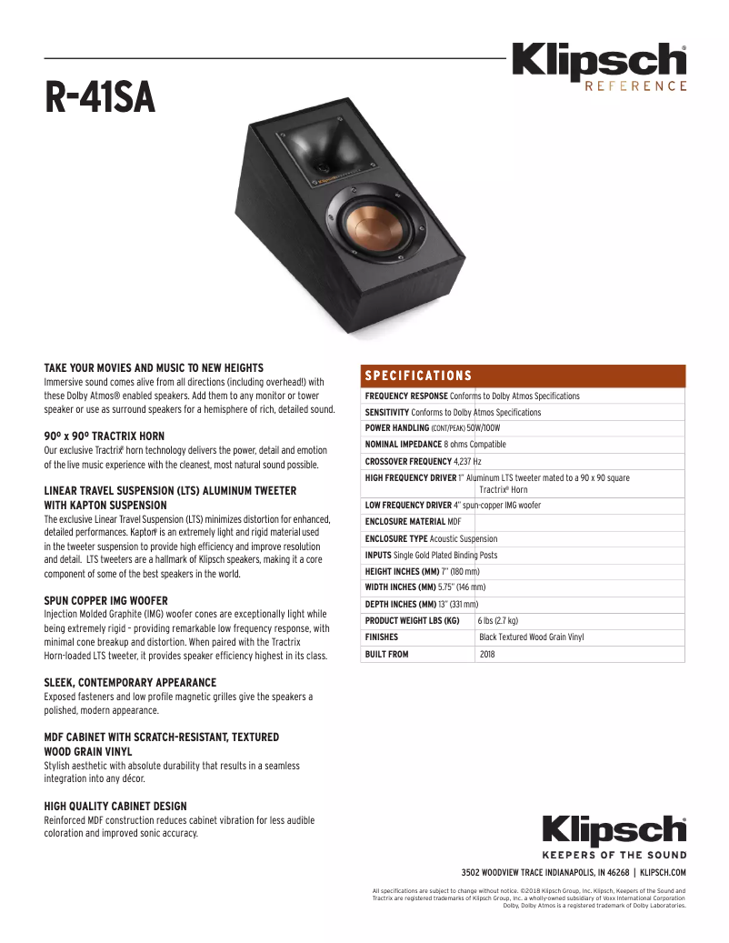 Page n°1 - Fiche technique Klipsch Reference R-41-SA