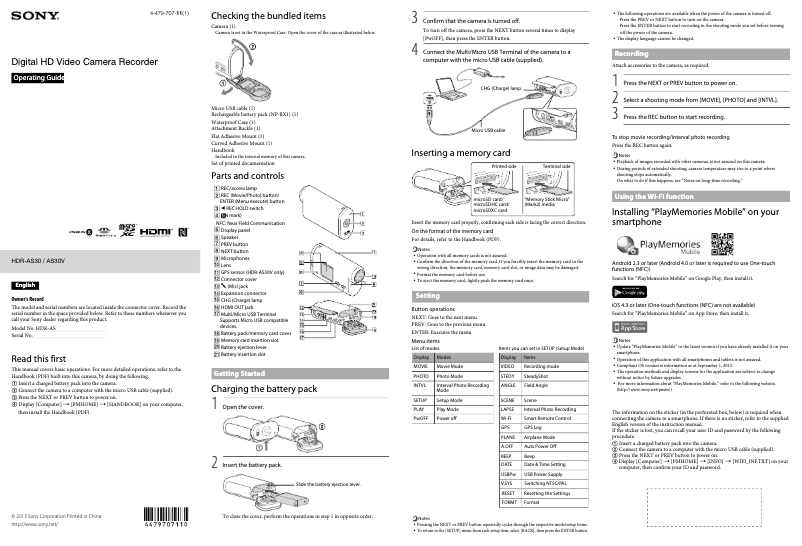 Page 1 de la notice Manuel utilisateur Sony HDR-AS30V BIKE