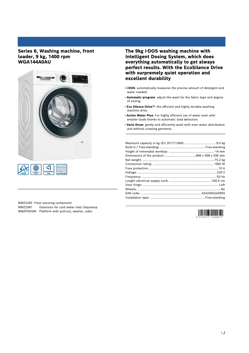 Page n°1 - Fiche technique Bosch WGA144A0AU