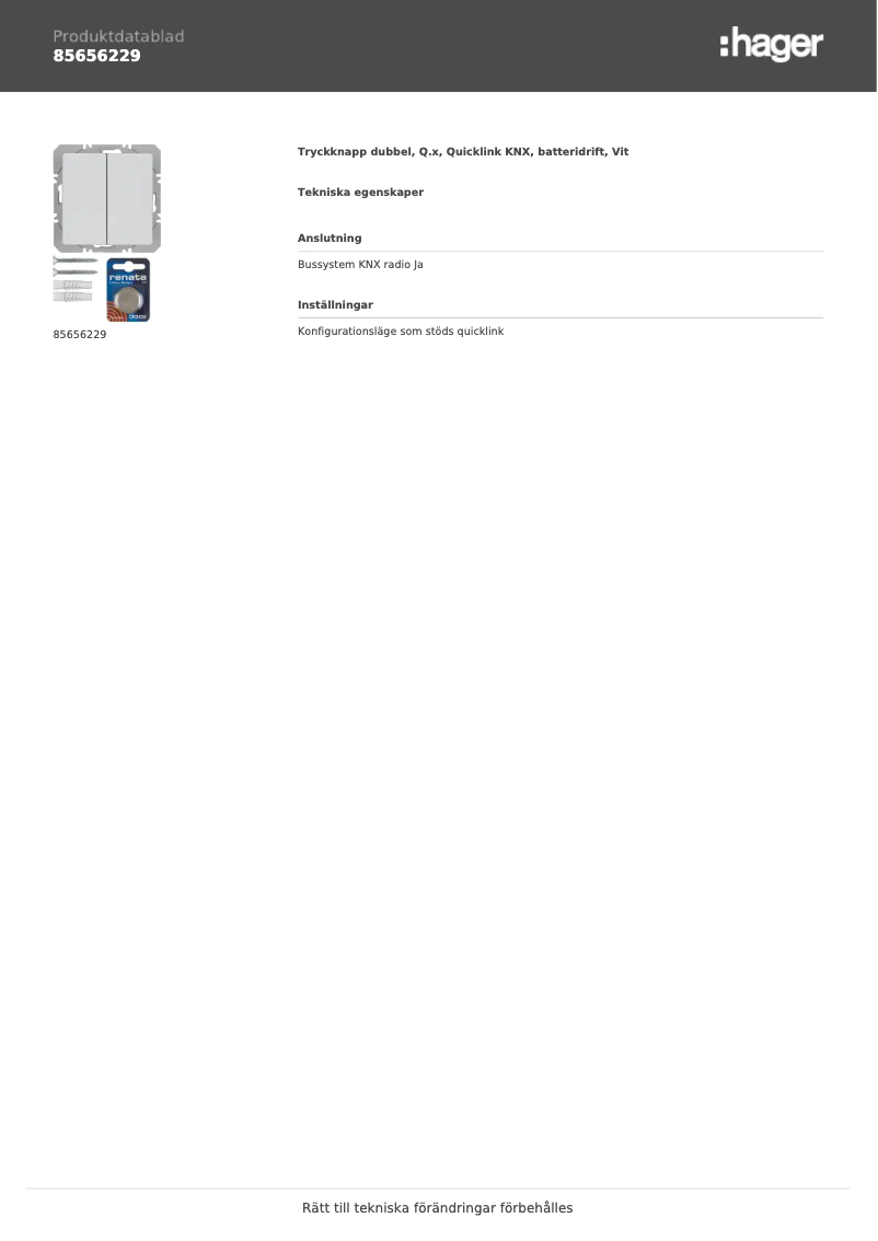 Page n°1 - Fiche technique Hager 85656229