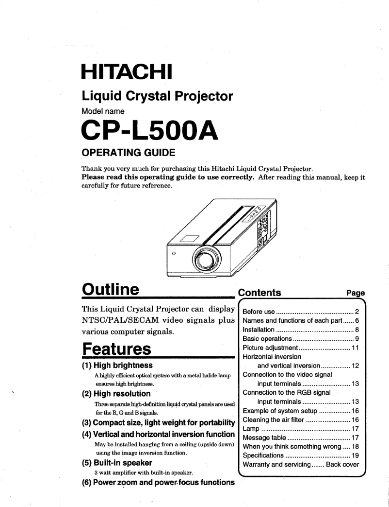 Page 1 de la notice Manuel utilisateur Hitachi CP-L500A