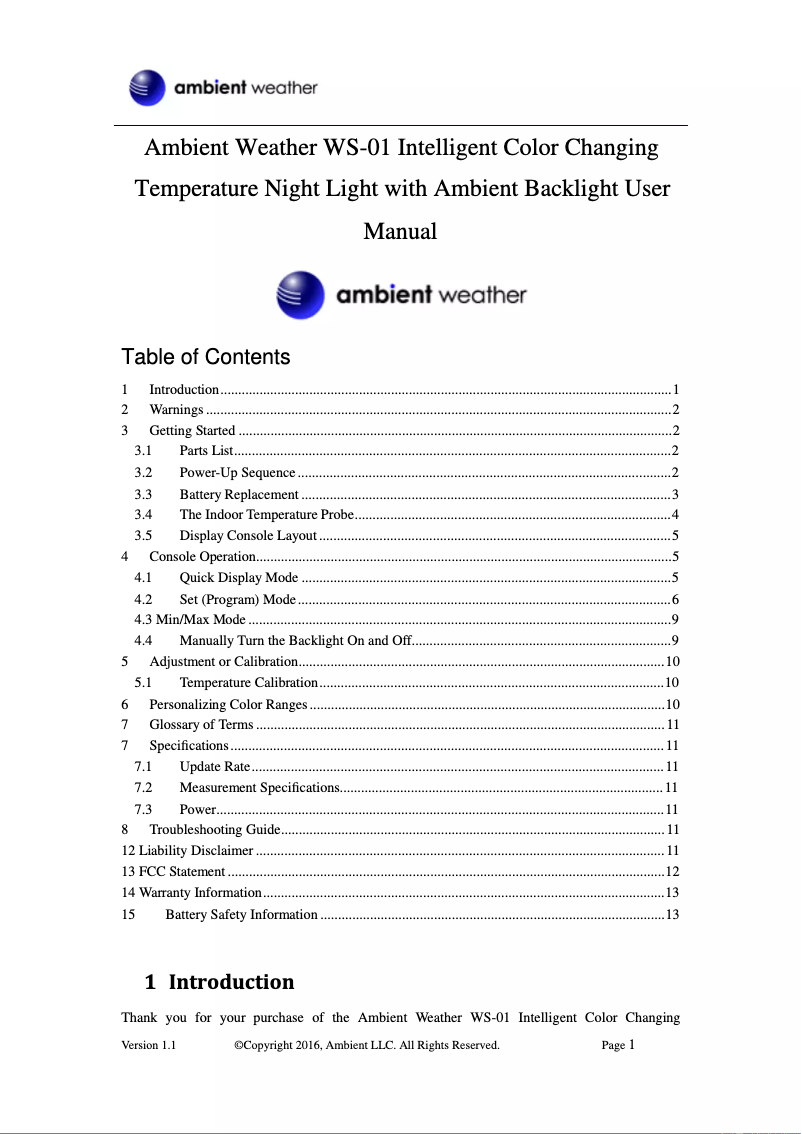 Page n°1 - Manuel utilisateur Ambient Weather WS-01