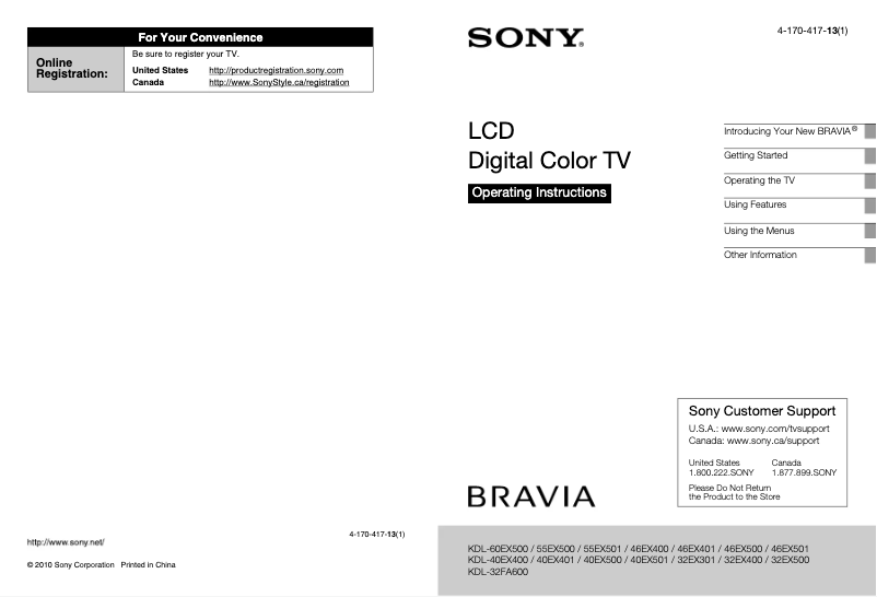 Page n°1 - Manuel utilisateur Sony Bravia KDL-55EX501
