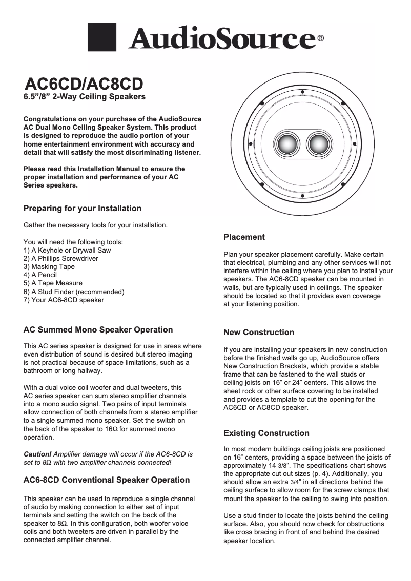 Page 1 de la notice Manuel utilisateur AudioSource AC6CD