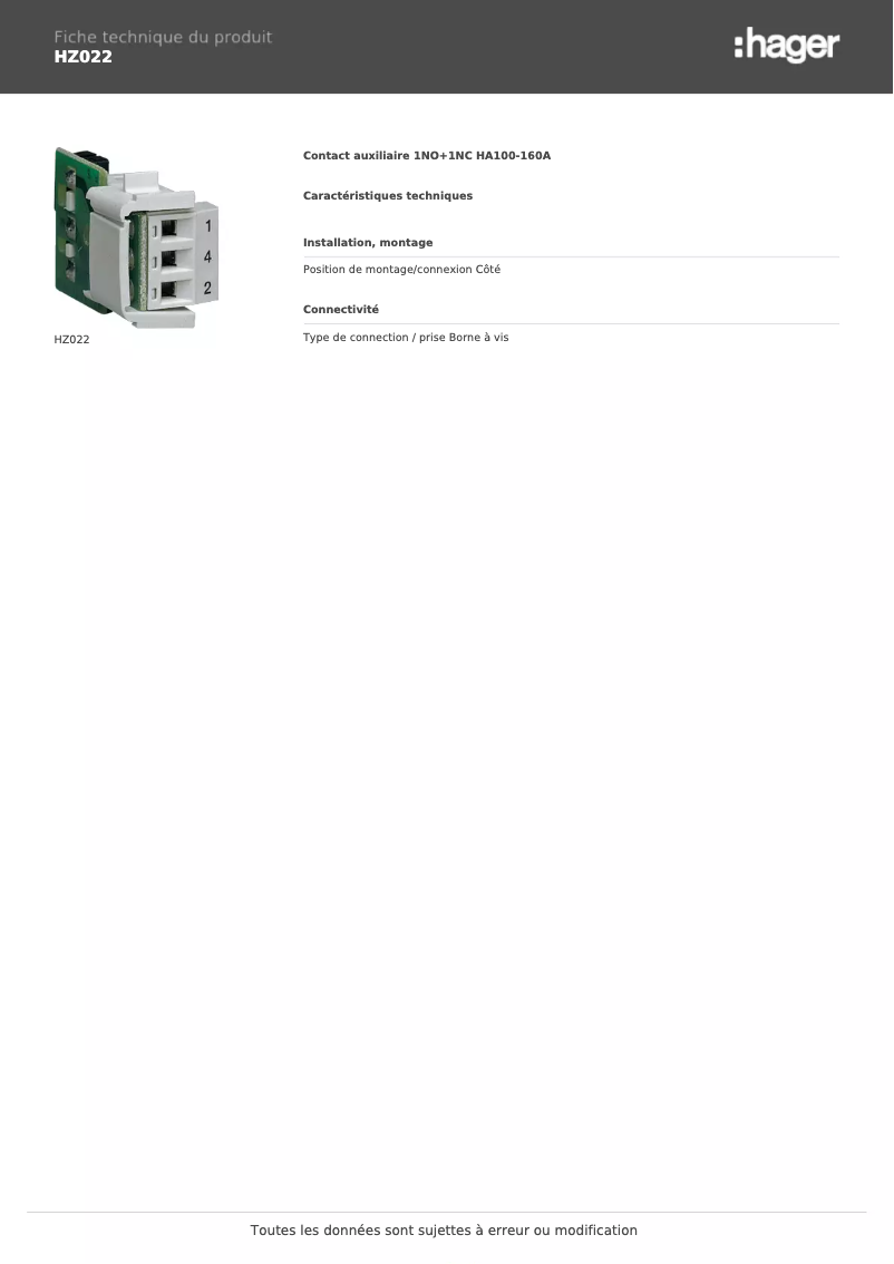 Page n°1 - Fiche technique Hager HZ022