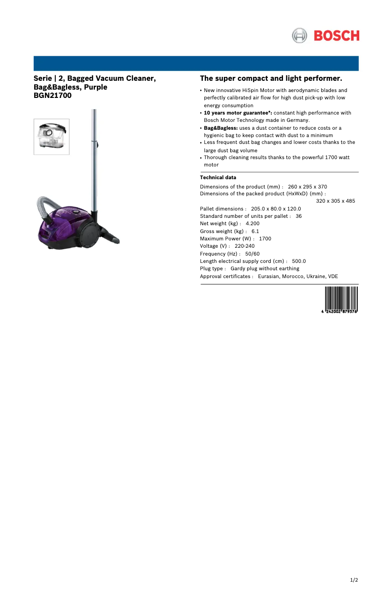 Page n°1 - Fiche technique Bosch BGN21700