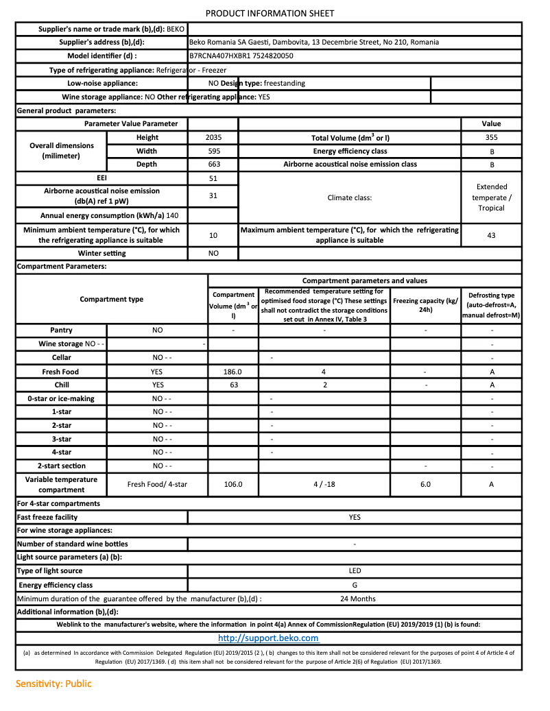 Page 1 de la notice Fiche technique Beko B7RCNA407HXBR1