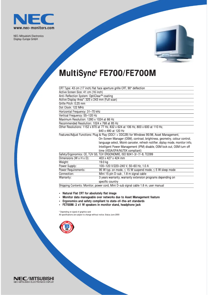 Imagen de la primera página del manual del dispositivo MultiSync FE700BK