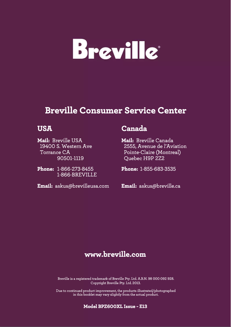 First page image of the manual for The Crispy Crust BPZ600XL