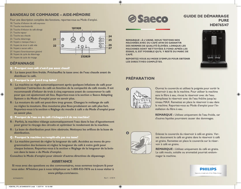 Image de la première page du manuel de l'appareil Saeco Minuto HD8765