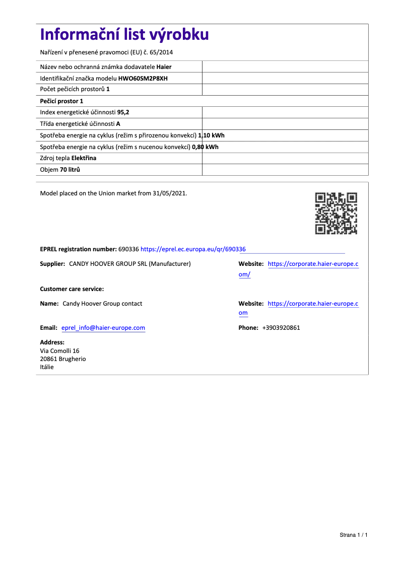 Page 1 de la notice Fiche technique Haier HWO60SM2P8XH